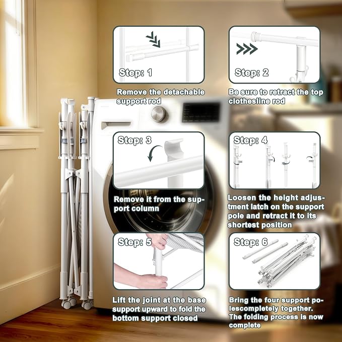 Foldable Collapsible Rolling Clothes Drying Rack,Adjustable Double Rods Laundry Airer(33.1–56.7"),Carbon Steel Pipe Standing Garment Rack for Indoor Outdoor Laundry Room (White, B)