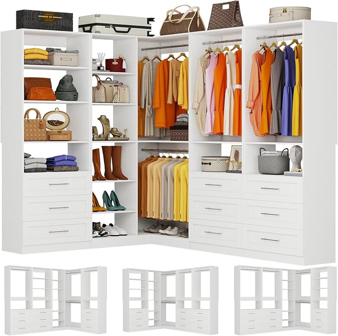 Closet System with 4 Sets, 8.5FT-21.5FT Corner Closet Organizer System with 9 Drawers & 12 Shelves & 8 Hanging Rods, Custom L-Shaped Modular Walk-in Closet Organizers and Storage System Corner, White