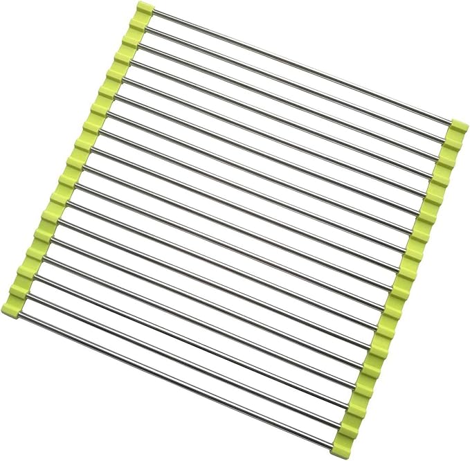 Roll Up Dish Drying Rack, Stainless Steel and Silicone Dish Drying Mat Over The Sink Foldable Drain Rack Multipurpose Dish Drainer for Kitchen, 14.5” x 14”, Green
