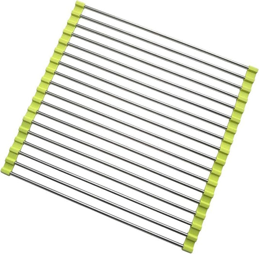Roll Up Dish Drying Rack, Stainless Steel and Silicone Dish Drying Mat Over The Sink Foldable Drain Rack Multipurpose Dish Drainer for Kitchen, 14.5” x 14”, Green