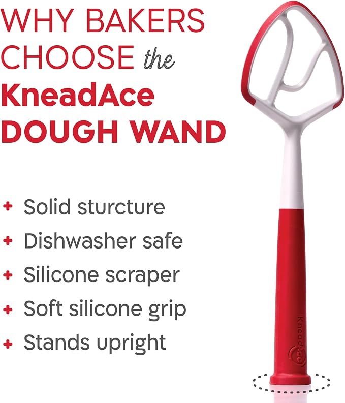 KneadAce Dough Wand, Danish Dough Whisk for Sourdough Baking, Dough Mixer with Silicone Scraping Edges, Self Standing Bowl Mixing Tool (White/Red)