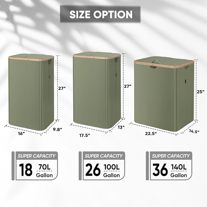 BALEINE Laundry Hamper with Lid, Tall Laundry Baskets with Bamboo Pull Handles, Large Laundry Bin with Internal Support (36 Gal/140L, Green)