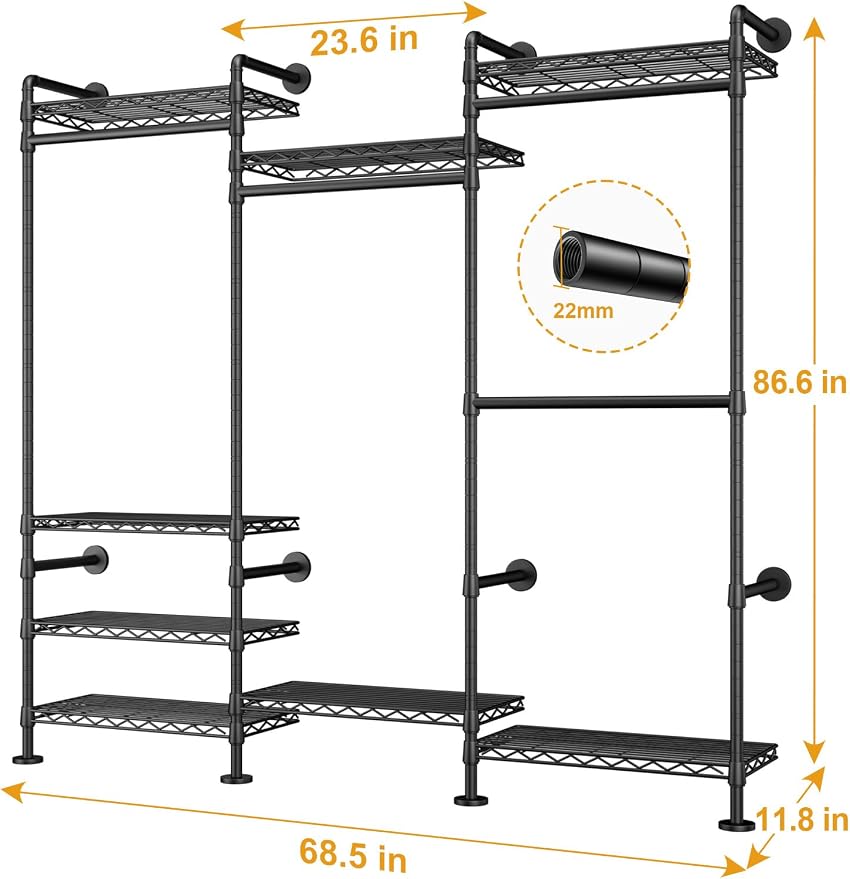 ULIFHOME M6 Clothes Rack for Wall Mounted, Heavy Duty Closet Wardrobe System with 8 Shelves and 4 Hanger Rods, 68.5" W x 11.8" D x 86.6" H Clothing Storage Organizer for Holding 1064lbs, Black