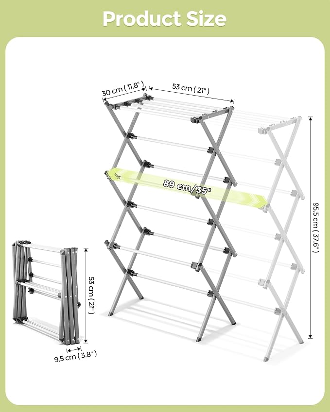 APEXCHASER 3-Tier Foldable Clothes Drying Rack, 37.6" H, Grey/White | Rust-resistant Metal, Tool-free Assembly, Extendable Drying Hanger, Fold Flat to Easy Storage, 11.8" D x 35" W, Holds 24lbs