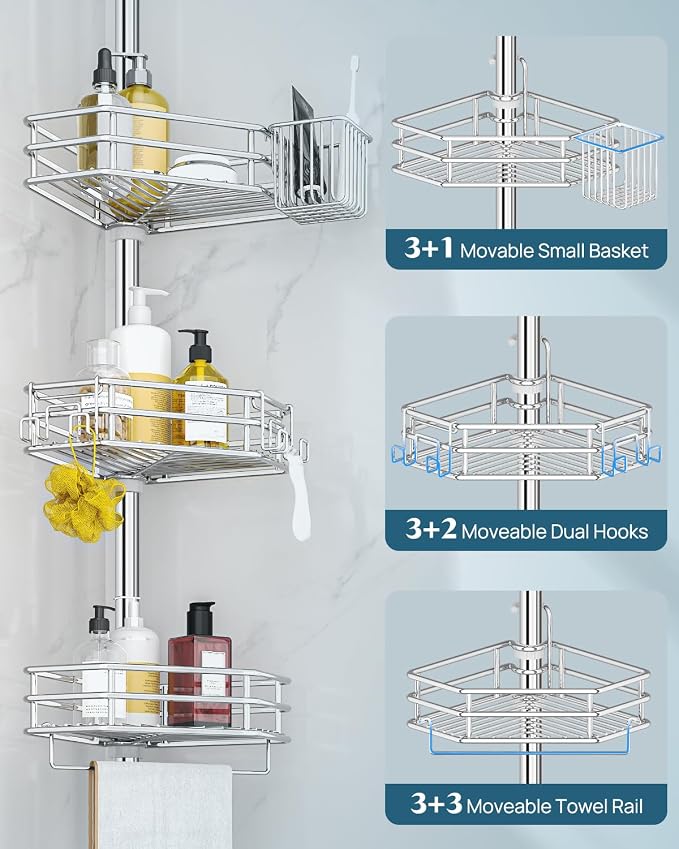 SEIRIONE Corner Shower Caddy Tension Pole, Quick Setup, Rust-Free Bathroom Shower Organizer Corner for Bathtub Shampoo Storage, 4-Tier Adjustable Shelf, Drill Free, Fits 34 to 116 Inch Height, Silver