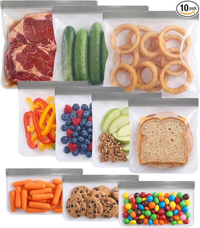10 Pack Reusable Silicone Storage Bags Thick Leakproof Reusable Freezer Bag Dishwasher Safe Bag for Salad Fruit Snack Travel 3 Gallon 4 Sandwich 3 Snack Bags