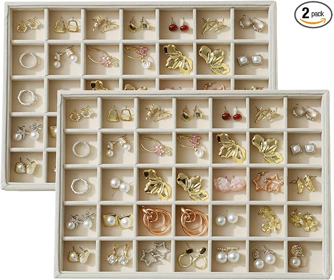 Large Velvet Jewelry Tray 2 Pack Stackable Jewelry Display Drawer Inserts Trays Organizer for Earring Bracelet Necklace Ring (Beige, 35 Grids)