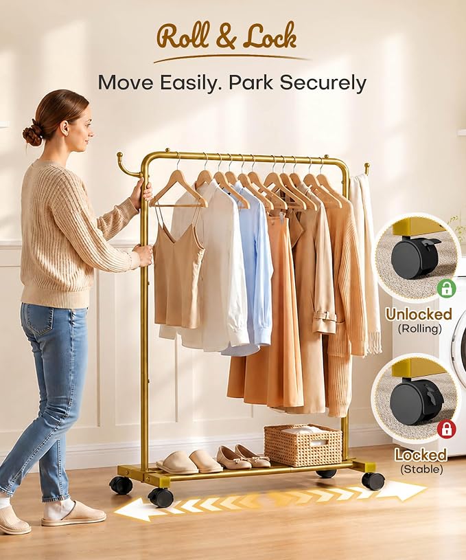 Homde Rolling Clothes Rack with Hooks: Standing Garment Storage for Indoor - Hanging Rod for Bedroom Laundry Room - Coat Dress Organizer on Wheels with luggage shelf (Gold, 31.5")
