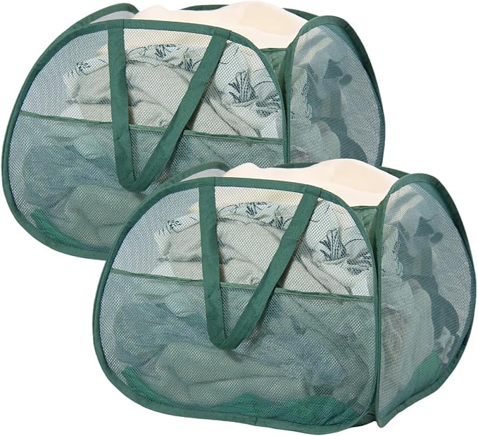 Collapsible Laundry Basket, 90L Mesh Pop-up Hamper with Handles | Foldable Storage Clothes Bag for Bathroom, Kids Room, Dorm, Travel, Camping, Space-saving, Green, 2PCS