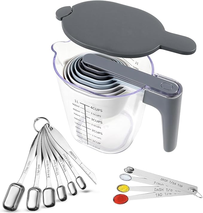 22-Pc Stackable Measuring Cups and Spoons Set with Lid | Includes 1 cover, 16 stackable cups and spoons & 5 mini teaspoons, BPA-free & dishwasher safe, for liquid and dry baking