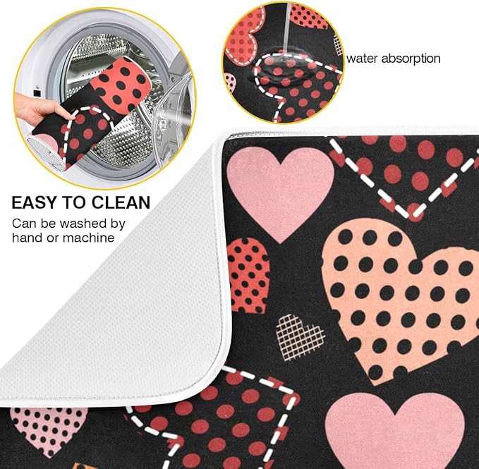 Happy Valentine's Day Love Heart Black Dish Drying Mat for Kitchen Valentines Day Microfiber Drying Mats Absorbent Reversible Dish Pad Medium Dish Draining Mat 16x18 inch