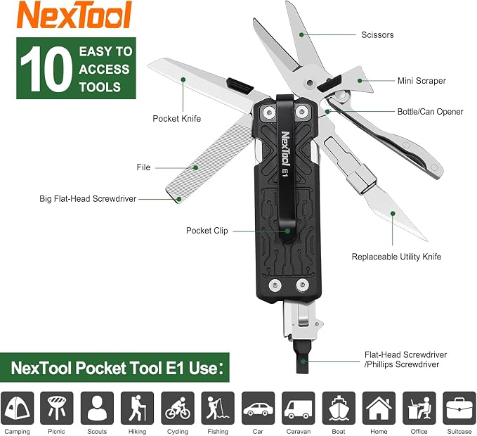 NexTool Pocket Tool E1, EDC Folding Pocket Knife Multitool | 10-in-1 Mini Multitool, Replaceable Exactor Blade, Scissors, Dual-head Screwdriver, EDC Tools for Engraving, Cutting, Repair