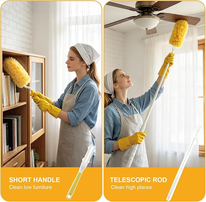 60 Count Heavy Duty Duster Refills for Swiffer, Multi Surface 360° Feather Duster with 2 Handle, Disposable Dusters Kit for Cleaning, Furniture, Blind, Ceiling Fan