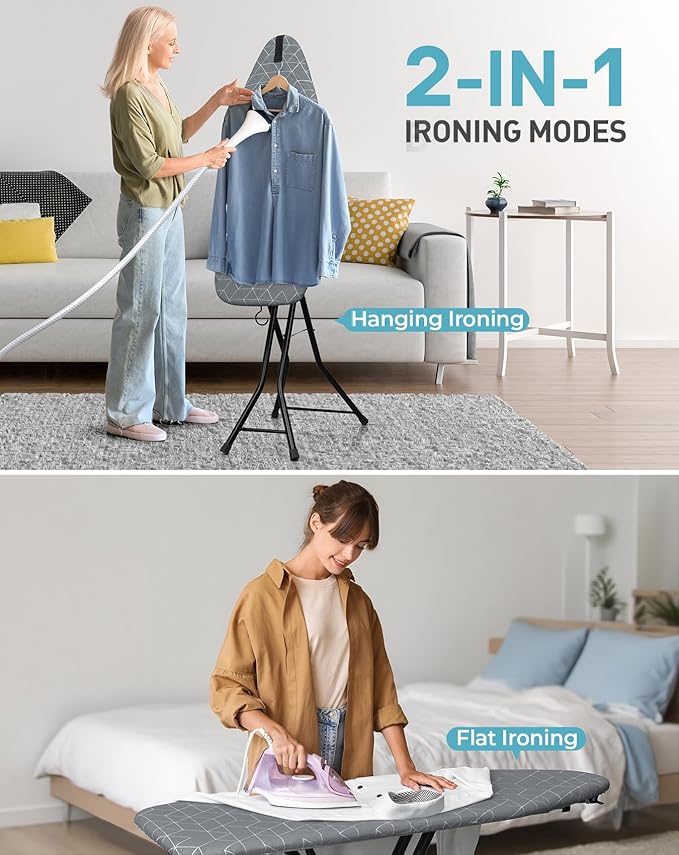 LyriFine Ironing Board, 2-in-1 Ironing and Steaming Board, Sturdy Steel Frame Iron Board with Non-Slip Feet, Heat Resistant Cover Iron Board, Foldable Compact Ironing Board with Hook, 14″ x 43″ Gray