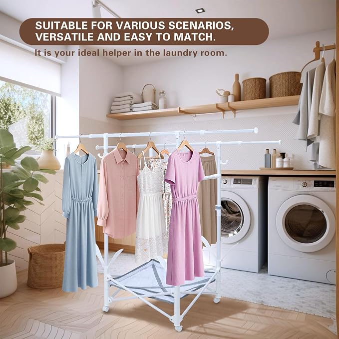 Foldable Clothes Drying Rack with Extendable Rod and Wheels | Folding clothes drying rack Double Rod Extendable 33.1–56.7 Inches,with Wheels, Sweater Drying Net, Hat Hanger
