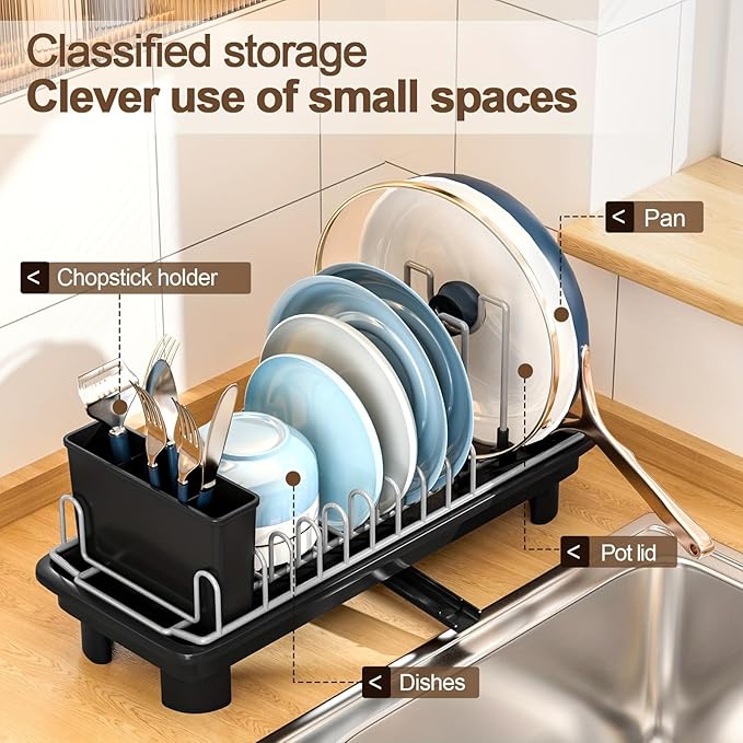 Compact Dish Drying Rack for Countertop, Small-Sized for Dorms, RVs & Tiny Kitchens, Auto-Drain, Adjustable Slots, Rust-Resistant with Utensil Caddy & Sponge Holder (G er y)