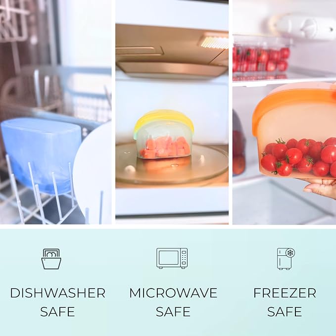Reusable Silicone Food Storage Bags (3-Pack) | Stand-Up Wide Bottom Leakproof Silicone Freezer Bags | BPA-Free Microwave & Dishwasher Safe | Eco-Friendly Airtight Snack & Meal Prep Bags