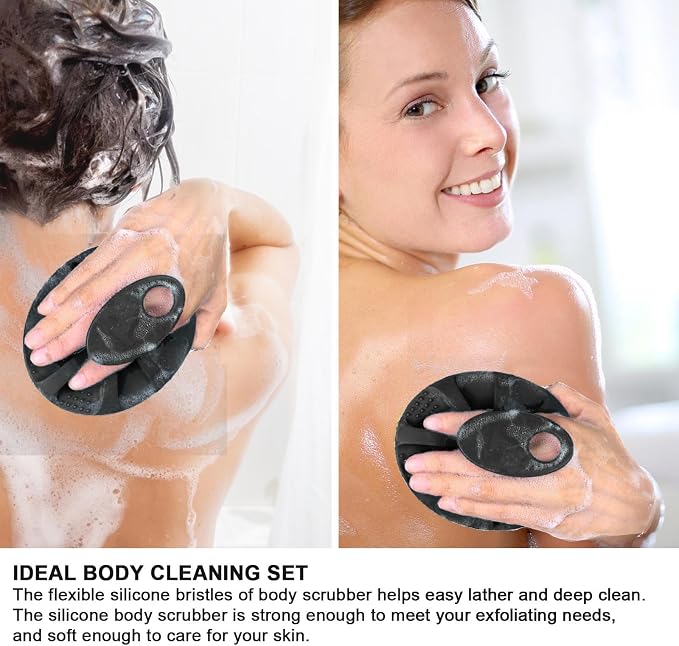 INNERNEED Silicone Body Cleansing Brush Exfoliating Scrubber, Gray+ Black | Gentle Massage, Deep Clean, Hygienic Shower Scrub Brush Soft Bristles for All Skin Types, Easy to Hold
