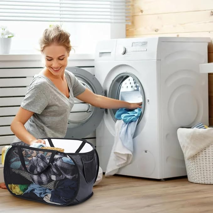 4 Pcs Popup Mesh Laundry Basket, Laundry Hamper with Side Pocket | Foldable, Heavy Duty, Storage Basket with Durable Handles for Bathroom, Travel, Dorm