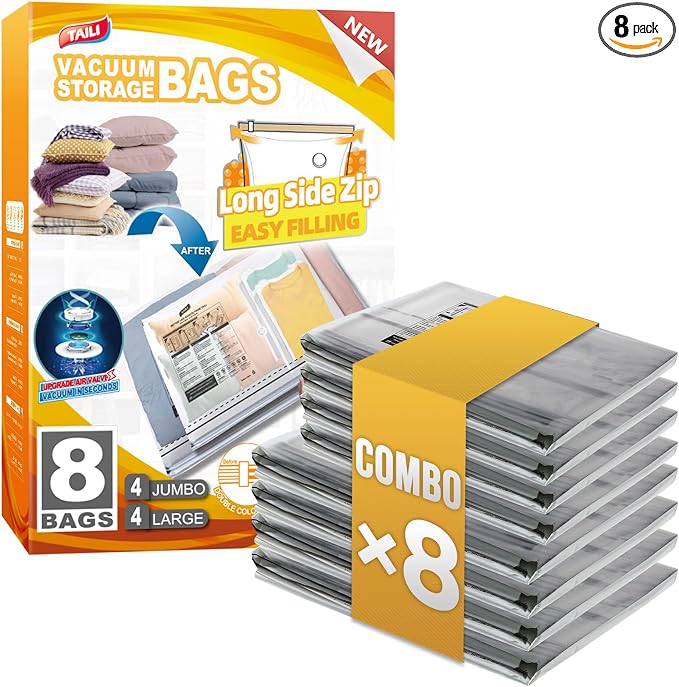 TAILI 8 Pack Vacuum Storage Bags, 2 Size Combo(4 Large+4 Jumbo), LONG SIDE ZIP Vacuum Seal Bags for Clothing, Space Saver for Beddings, Comforters, Blankets, Pillows