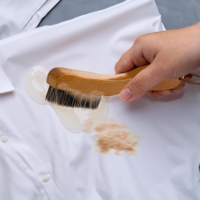 Laundry Stain Brush, Soft Natural Horse Hair, Safe on Delicates 2pcs | Clothes Cleaning Scrubber, Stain Remover for Shirts, Collars, Cuffs & Shoes, Curved Beech Wood Handle with Hanging Loop