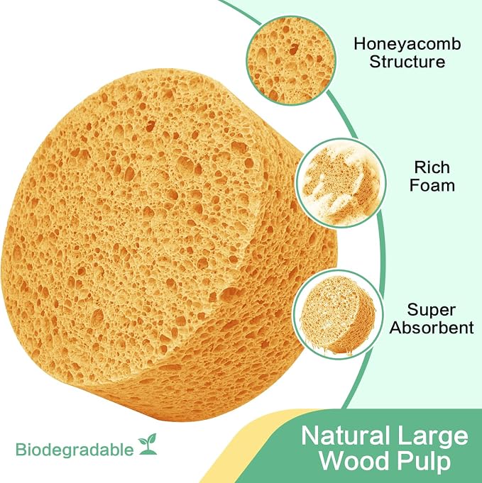 3-Pack Large Sponge, Kitchen Sponges, Handy Sponges, Cellulose Sponges, Dish Washing Sponge, Natural Sponge, Car Washing Sponge, Eco Friendly Sponge (Round, 4" X 4" X 2"), Yellow