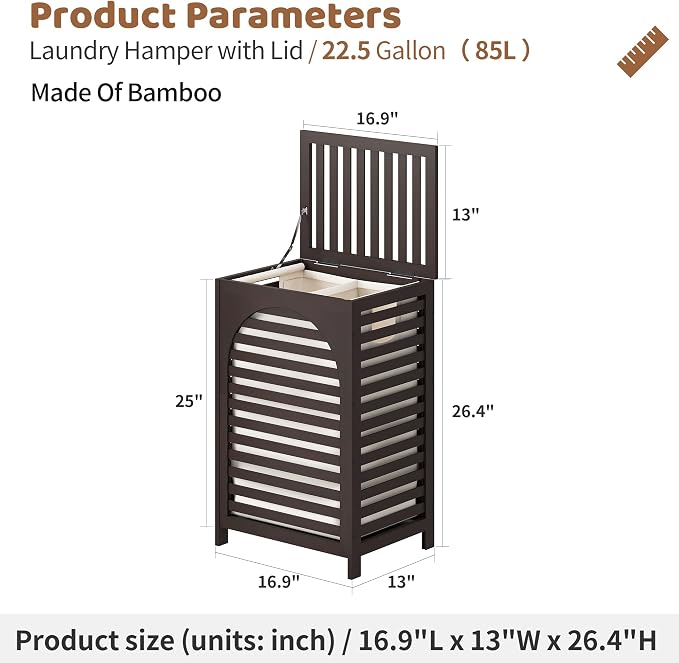 Laundry Hamper with Lid (16.9 * 13 * 26.5inches) Large Bamboo Laundry Bin Basket 85L Clothes Hamper with 1 Removable Bag Storage baskets for Bathroom(Brown)