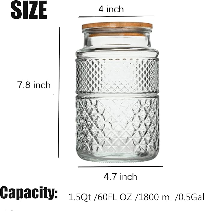 Large Glass Storage Jar, 60 FL OZ Glass Food Storage Containers with Bamboo Lid, Kitchen Laundry Room Organization Jar for Cookies Coffee Flour Sugar Laundry Pods Detergent Airtight Glass Jars