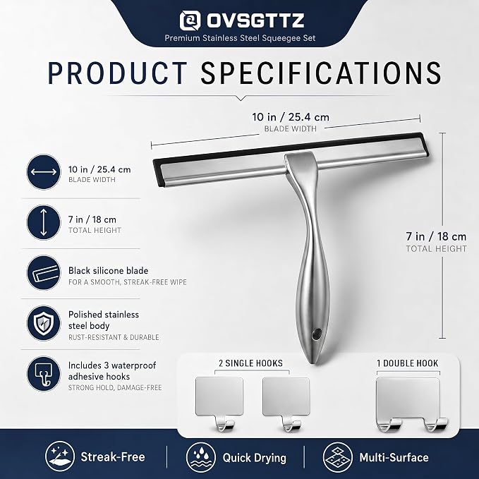 Shower Squeegee for Glass Doors, Stainless Steel Bathroom Squeegee with 3 Kinds of Waterproof Adhesive Hooks, 10 Inch Window Mirror Tile Wall Car Glass Cleaner Tool, Streak-Free Silicone Blade