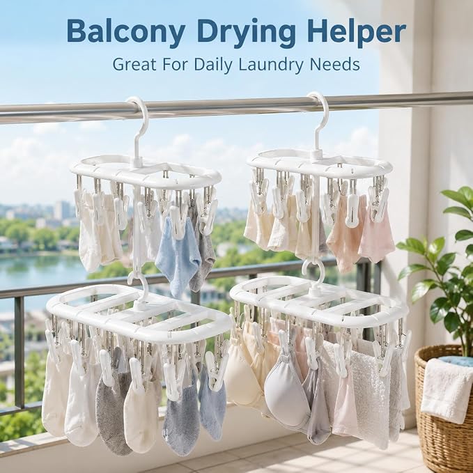 2PCS Clothes Hangers with 32 Clips Hooks, Plastic Sock Hanger, Stackable Laundry Drying Rack for Underwear, Clothes Airer with Swivel Hook, Portable Small Item Organizer for Bathroom Balcony Daily Use