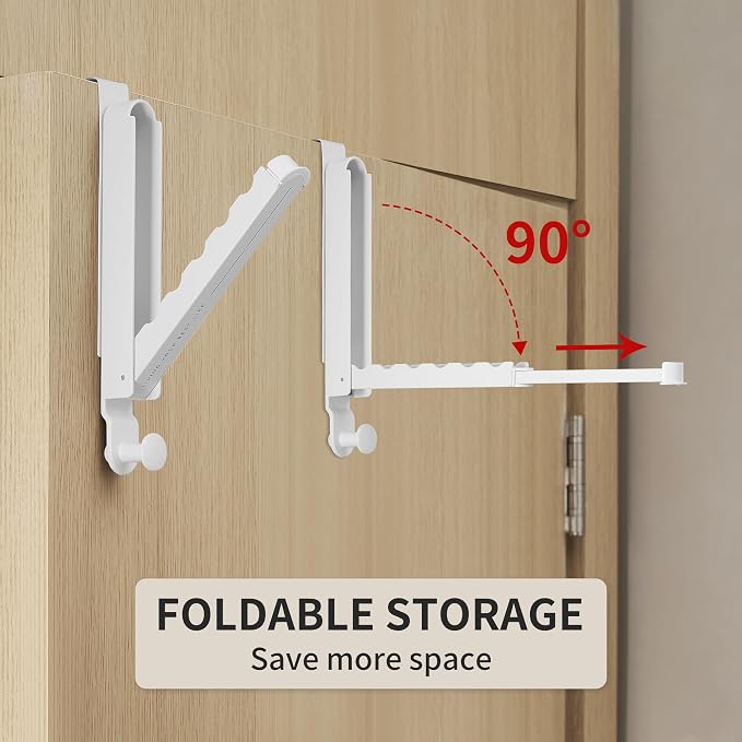 RFOUO Over The Door Hooks Hanger,Fit Door up to 1 3/8", White, 2 Pack | Aluminum,Retractable Rod, Space-Saving, Foldable Over The Door Drying Rack,No drilling, For Laundry Bathroom Bedroom Travel