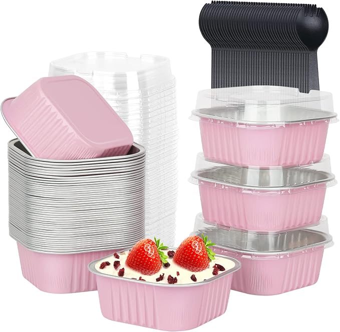 LNYZQUS 5oz Square Cupcake Pan with Lids 40 Pack, Aluminum Foil Muffin Cups,Disposable Ramekins Mini Cake Brownie Baking Pans Jumbo Cupcake Liners Muffin Tin-Pink
