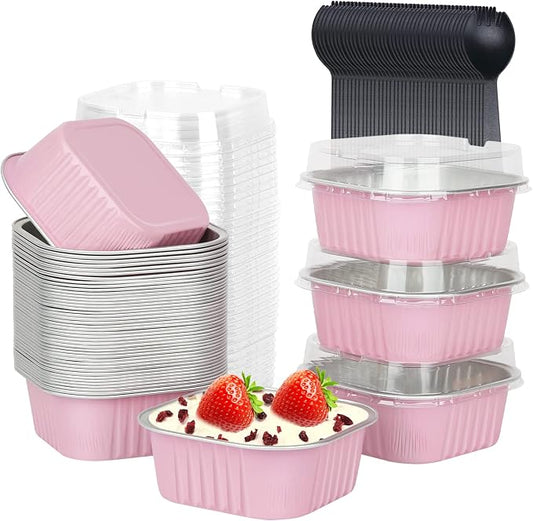 LNYZQUS 5oz Square Cupcake Pan with Lids 40 Pack, Aluminum Foil Muffin Cups,Disposable Ramekins Mini Cake Brownie Baking Pans Jumbo Cupcake Liners Muffin Tin-Pink