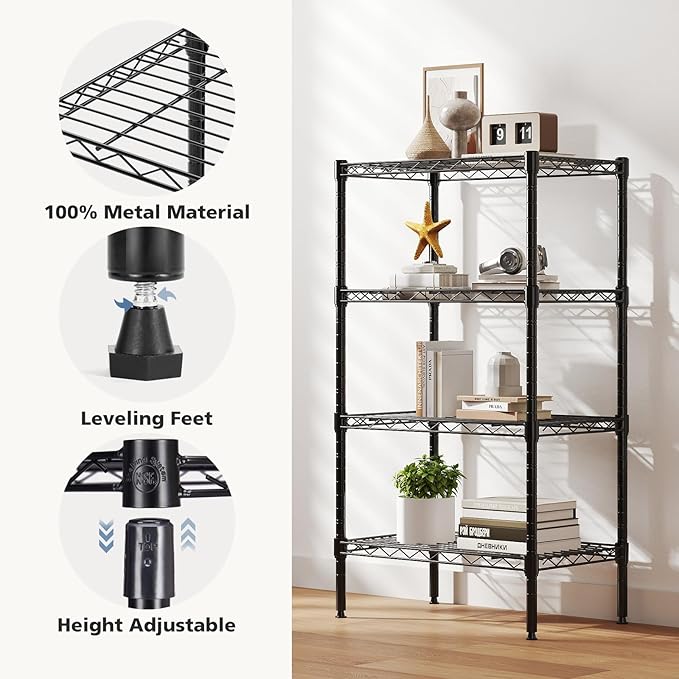 NEWBULIG 4-Tier Metal Wire Storage Shelves, Adjustable Heavy Duty Steel Shelving Unit, Freestanding Storage Rack Organizer for Kitchen, Pantry, Garage, Bathroom, 23.2" W x 13.4" D x 47.2" H, Black