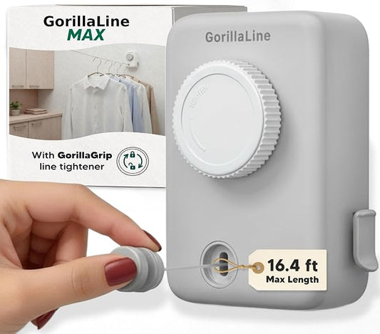 GorillaLine Max – Retractable Clothesline Indoor Outdoor, Non-Sagging Heavy Duty Clothes Drying Line, Wall Mounted Drying Rack, Air Dry Clothing, Max Tighten with GorillaGrip
