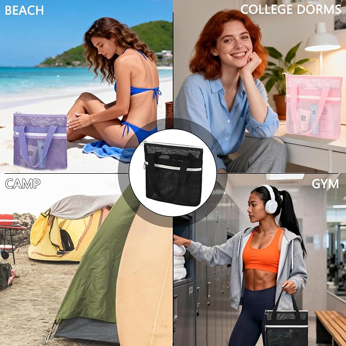 GYEUKHAM Portable Mesh Shower Caddy with 2 Zipper Pockets & Dual Handles, Quick-Drying Hanging Shower Tote for College Dorm, Gym, Travel & Camping, Purple