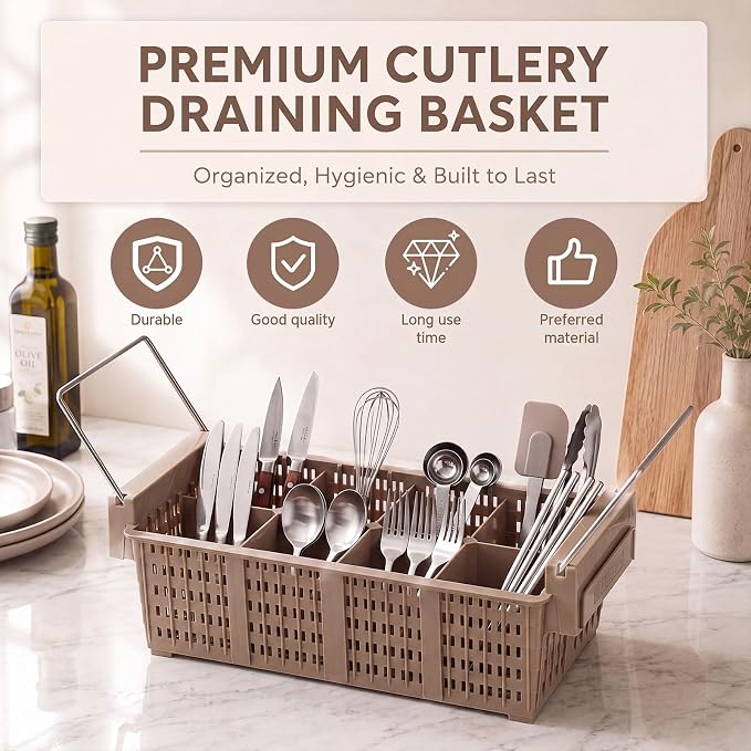Maxdot 16inch Dishwasher Silverware Cutlery Basket 8 Compartments Washing Basket with Handle Utensil Holder Silverware Drying Rack for Kitchen Commercial (Coffee,Portable)