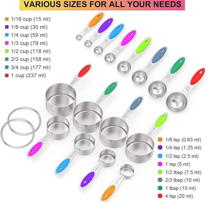 Wildone Stainless Measuring Cups and Spoons Set with Silicone Handle, 16pcs | 8 Measuring Cups and 8 Measuring Spoons, Nesting Design, Heavy Duty for Measuring Dry/Liquid Ingredients, Multicolor