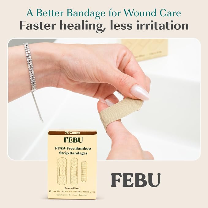 FEBU PFAS Free Bamboo Fabric Bandages, 75 Count Strip | Eco-Friendly, Flexible Fabric, Natural Hypoallergenic, Fully Compostable, Latex Free, For First Aid, Cuts and Scrapes