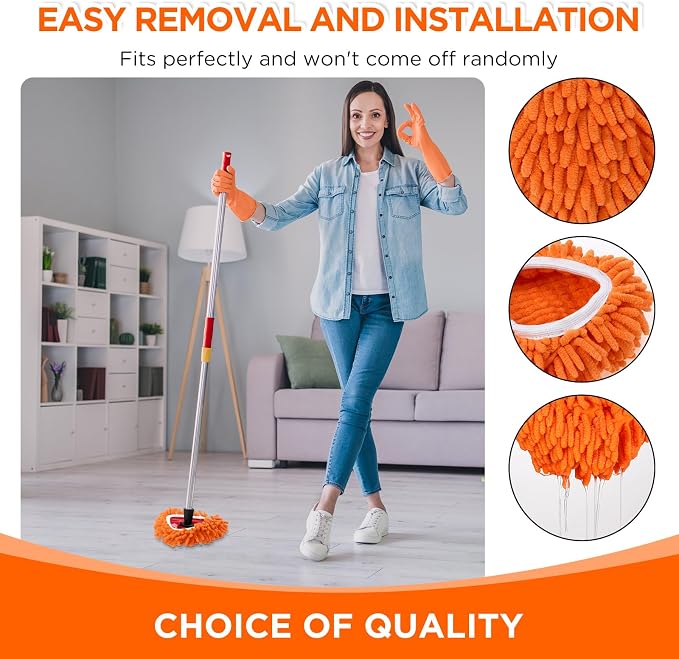 Baderke 3 Pack Chenille Mop Heads Replacements Compatible with 1 Tank System Chenille Duster Replacement Heads Microfiber Spin Mop Refill Pads Reusable Dust Refills for Floor Cleaning (Orange)