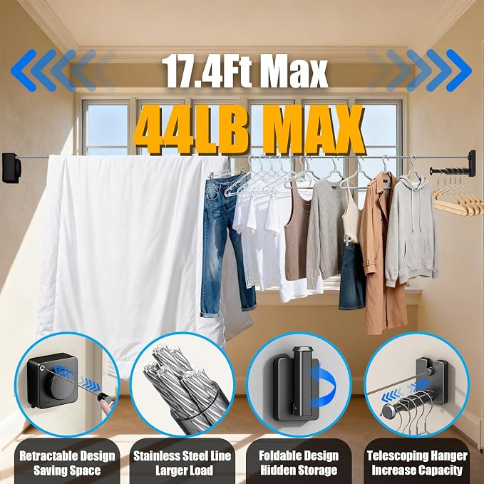 Retractable Clothesline Indoor Outdoor 17.4Ft Non-Sag Drying Rack(1, Black) | Stainless Steel Heavy Duty Laundry Washing Line with Wall Mounted, Space-Saving Clothing Drying Rack with Telescoping Hanger