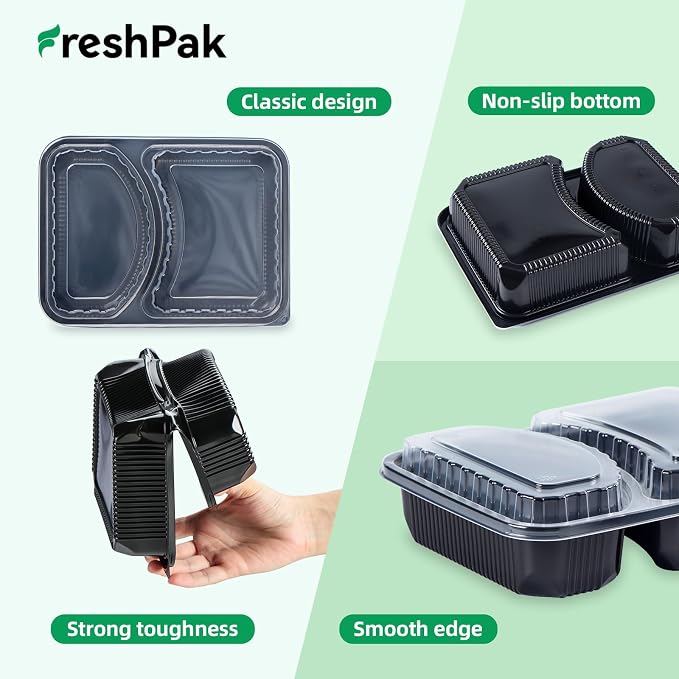 40 Pack 41oz Meal Prep Containers - Shrink Wrap Ready To Use | Reusable Leakproof 2 Compartment To Go Boxes | BPA-Free, Microwave & Freezer Safe | Portion Control Takeout Food Storage