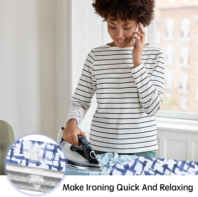 Ironing Board Cover and pad - 15 x 54 Thick Padding 4 Layers with 2" Elastic, Stain Resistant & Durable Scorch, 2 Buckles for Easy Installation in Laundry Room, Blue Brushstrokes (NO Board)