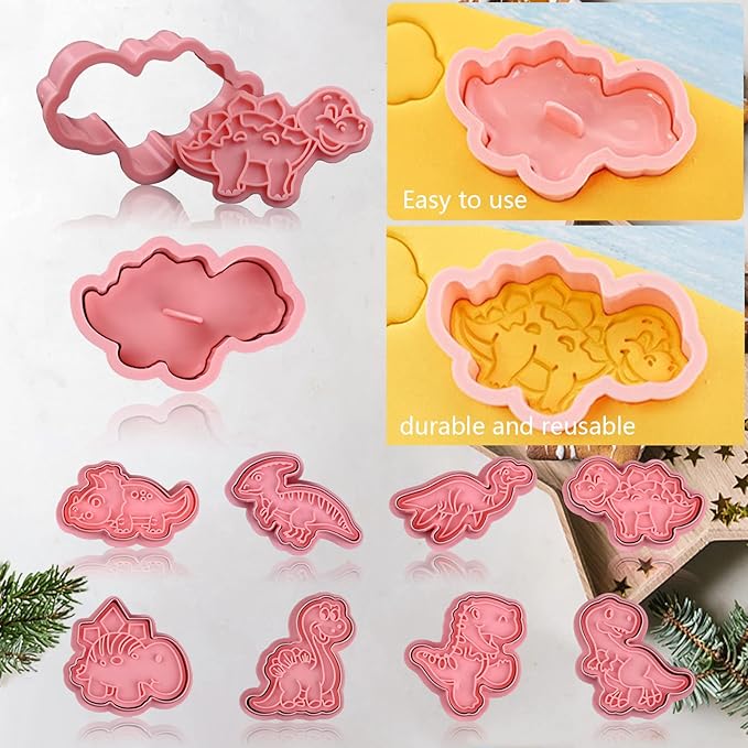 Dinosaur Cookie Cutters With Plunger Stampers Set,8 Piece 3D Dinosaur Embossing Cutters For Biscuit Fondant Cheese Baking