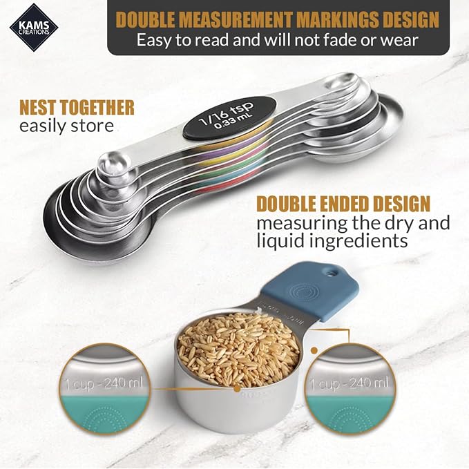 Stainless Steel Magnetic Measuring Spoons Set & Cups 16PCS - Double Sided Measuring Spoons, Stackable Measuring Spoons & Cups with Leveler - Premium Metal Measuring Spoons