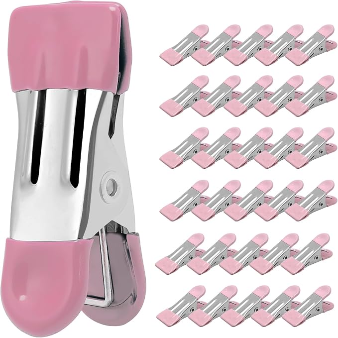 Clothes Pins Heavy Duty, 30 Pack, 2.17 Inch Metal Chip Clips, Pink | Clothespins for Photo Drying Clothesline Laundry Sock, Bag Clips for Food Kitchen Stainless Steel with Rubber