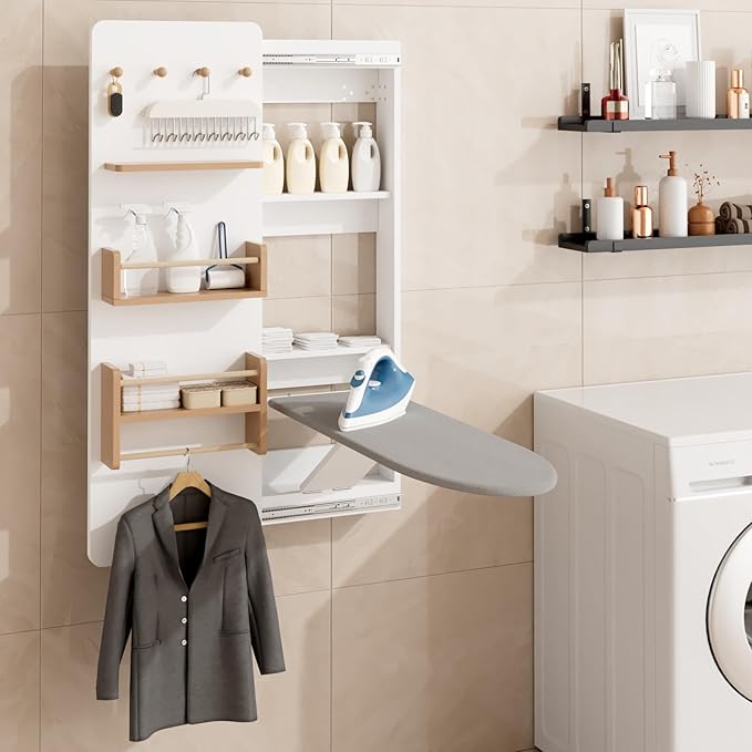 Kikihouse Wall Mounted Ironing Board Cabinet with Storage, Foldable Wall Ironing Board with Sliding Door, Wall Mount Space Saving Ironing Station for Laundry Room, Living Room, Entrance