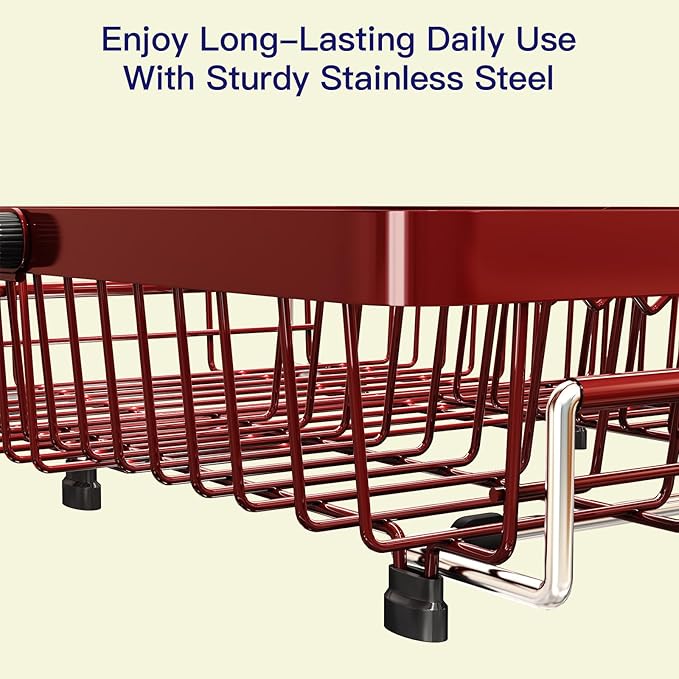 MAJALiS Red Dish Drying Rack Over The Sink with Utensil Holder | Expandable Stainless Steel Dish Drainer for Small Kitchen, Apartment, RV, Counter Space Saving, Perfect Fit, Rustproof