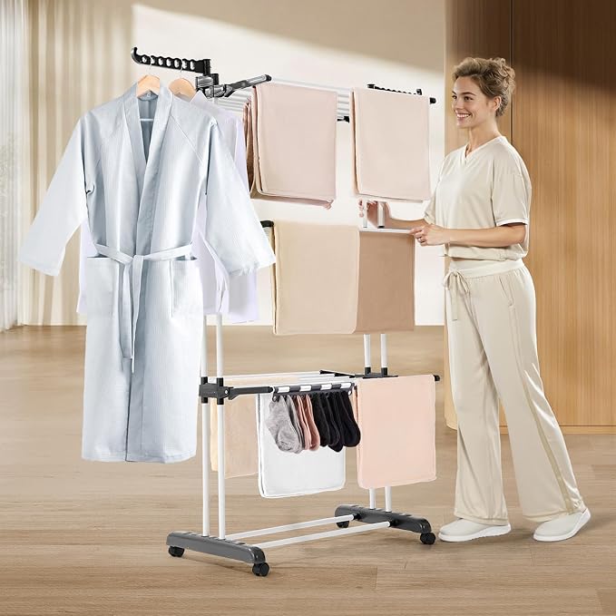 VEVOR Clothes Drying Rack, 4-Tier Foldable Laundry Dryer Rack, Metal Drying Racks with 24 Drying Rods, Free-Standing and Portable Hanger with 4 Castors and Two Side Wings for Outdoor & Indoor Use
