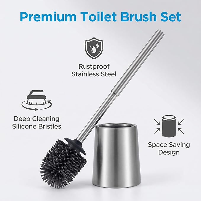SUS304 Stainless Steel Toilet Brush and Holder Set Toilet Brush Case Cleaner for Toilet Bowl Bathroom Cleaning Brush Caddy Cepillo de Baño wih Oily Coating Brushed Stainless Chrome